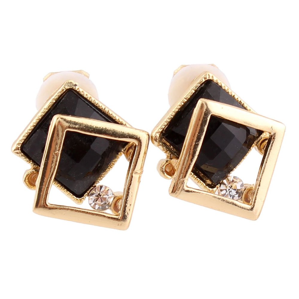 GRACE JUN Double Square Crystal Rhinestone Clip on Earrings Non Piercing for Women Ear Clip (Black)
