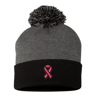 One Size Dark Heather Grey/Black Pom Breast Cancer Ribbon Embroidered Knit Beanie Pom Cap