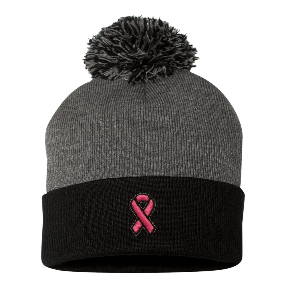 One Size Dark Heather Grey/Black Pom Breast Cancer Ribbon Embroidered Knit Beanie Pom Cap