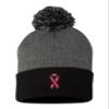 One Size Dark Heather Grey/Black Pom Breast Cancer Ribbon Embroidered Knit Beanie Pom Cap view 1