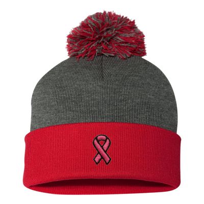 Go All Out One Size Dark Heather Grey/red Pom Breast Cancer Ribbon Embroidered Knit Beanie Pom Cap