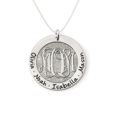 AJ's Collection Personalized Beveled Monogram Washer Name Necklace  Customize Your Center Monogram and Outer Rim Text  Sterling Silver Pendant with Choice of Chain Length and Type