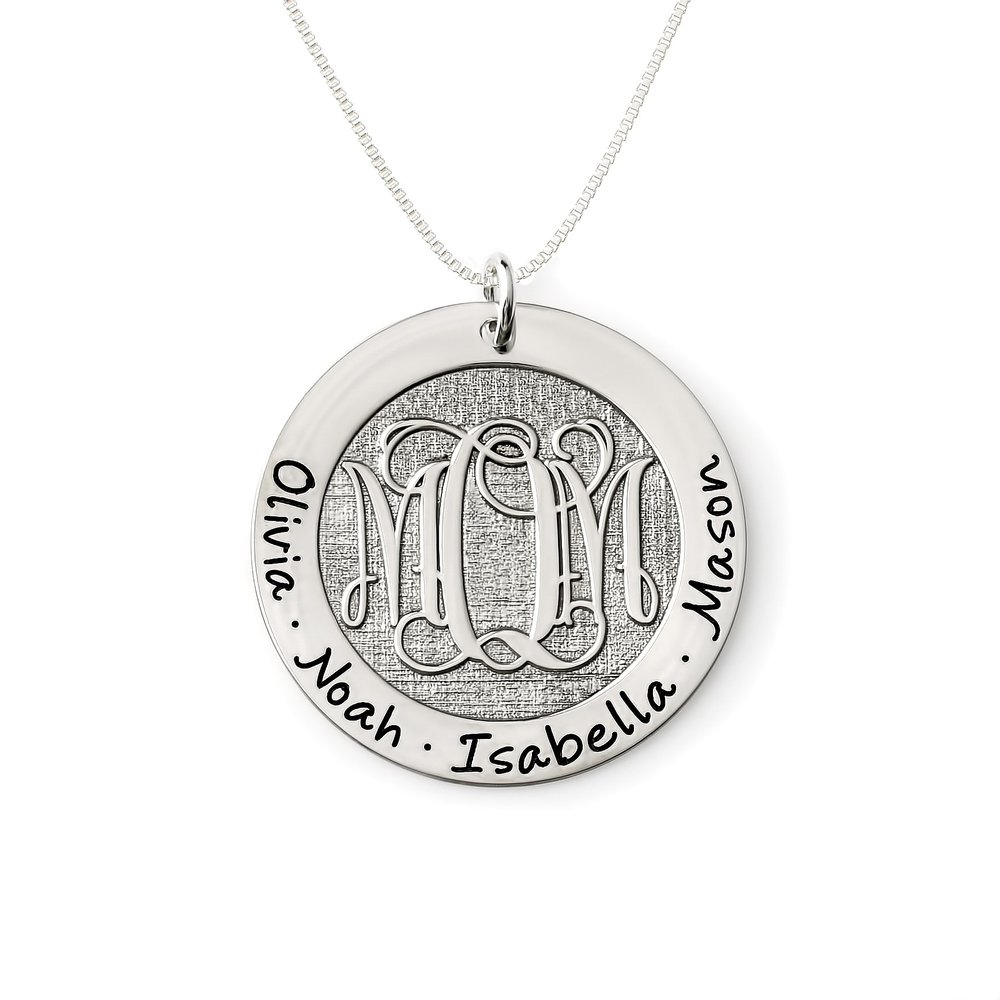 AJ's Collection Personalized Beveled Monogram Washer Name Necklace  Customize Your Center Monogram and Outer Rim Text  Sterling Silver Pendant with Choice of Chain Length and Type
