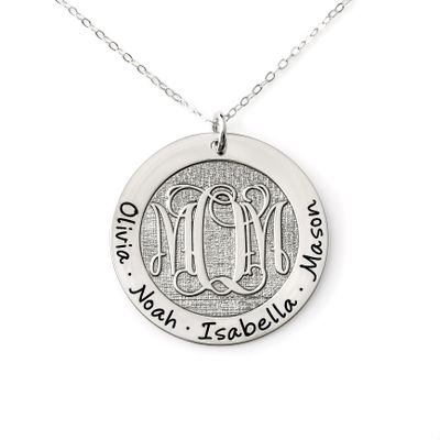 AJ's Collection Personalized Beveled Monogram Washer Name Necklace Customize Your Center Monogram and Outer Rim Text Sterling Silver Pendant with Choice of Chain Length and Type