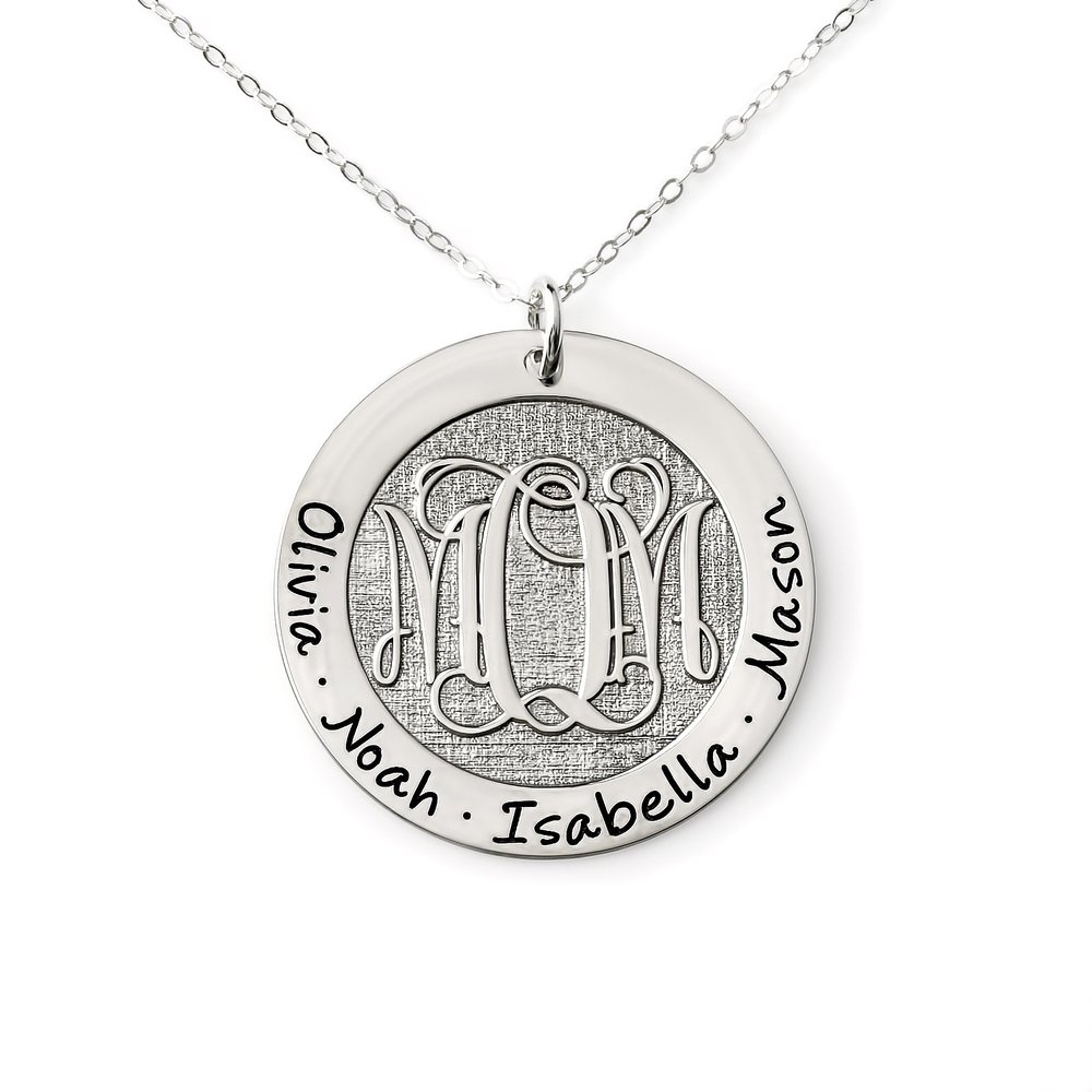 AJ's Collection Personalized Beveled Monogram Washer Name Necklace Customize Your Center Monogram and Outer Rim Text Sterling Silver Pendant with Choice of Chain Length and Type