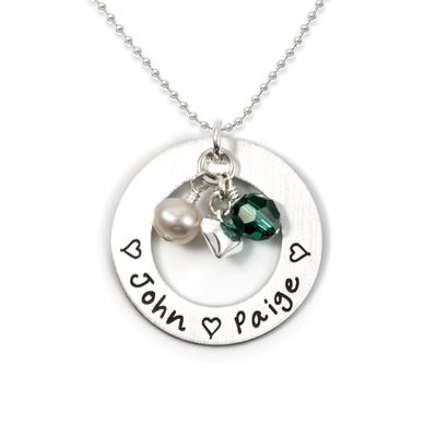 AJ's Collection Love Display with Personalized Sterling Silver Round Washer, Hand Finished. Includes up to 4 Crystal Birthstones or Pearls, and a choice of 925 Chain. Gift for Her
