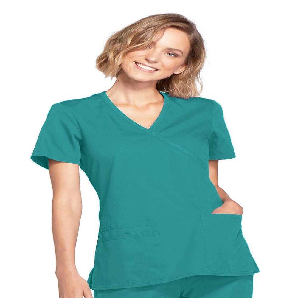 Cherokee Women's Workwear Core Stretch Mock Wrap Scrubs Shirt, Teal Blue, XXXXX-Large