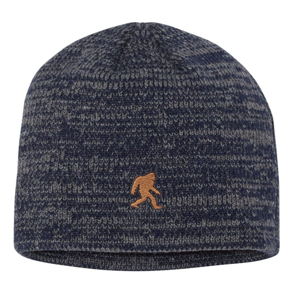 Go All Out One Size Navy/Dark Grey Marled Bigfoot Sasquatch Embroidered Knit Beanie Cap