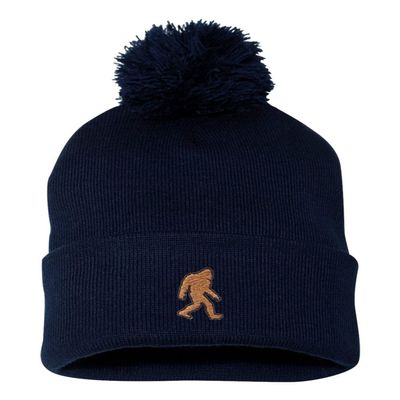 Go All Out One Size Navy Pom Bigfoot Sasquatch Embroidered Knit Beanie Pom Cap