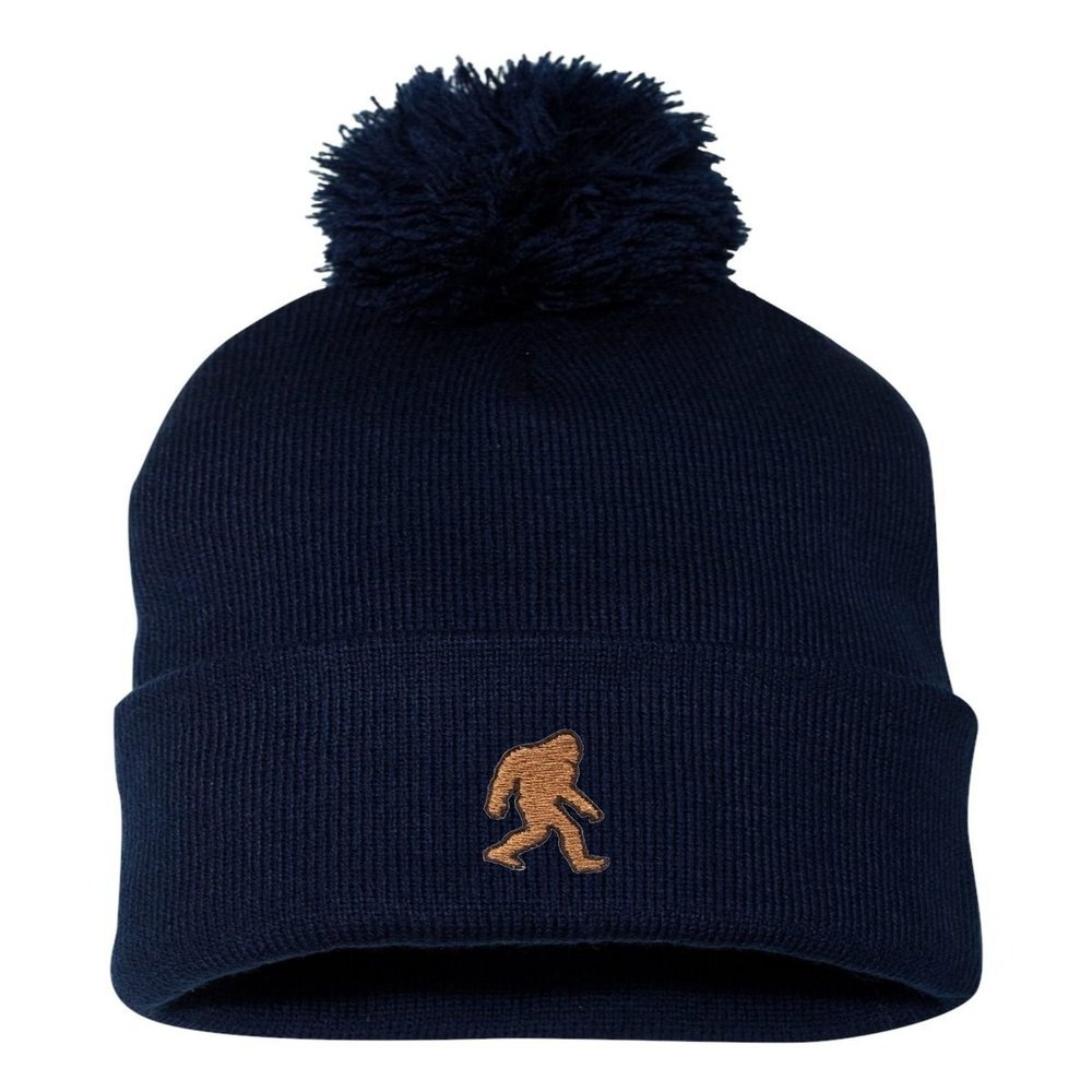 Go All Out One Size Navy Pom Bigfoot Sasquatch Embroidered Knit Beanie Pom Cap