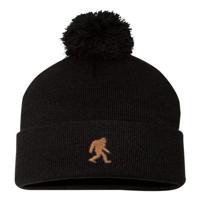 Go All Out One Size Black Pom Bigfoot Sasquatch Embroidered Knit Beanie Pom Cap