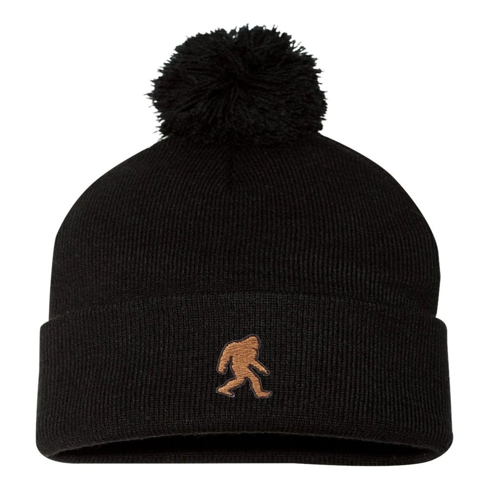Go All Out One Size Black Pom Bigfoot Sasquatch Embroidered Knit Beanie Pom Cap