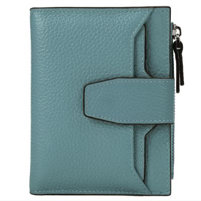 AINIMOER Women's RFID Blocking Leather Small Compact Bi-fold Zipper Pocket Wallet Card Case Purse with id Window (Lichee Gray Blue)