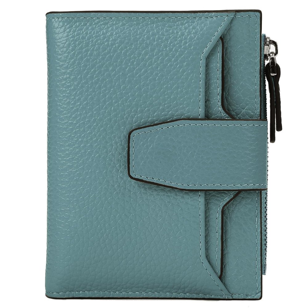 AINIMOER Women's RFID Blocking Leather Small Compact Bi-fold Zipper Pocket Wallet Card Case Purse with id Window (Lichee Gray Blue)