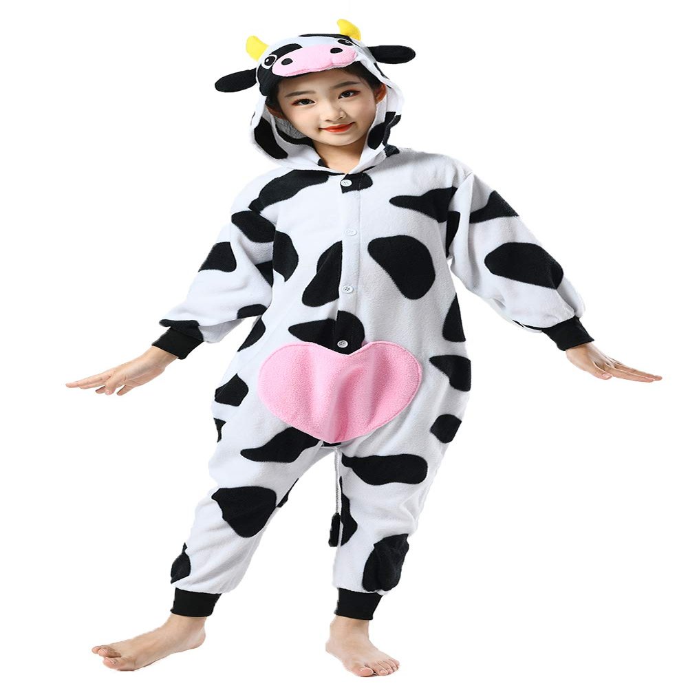 CANASOUR Kids Cow Onesie Farm Animal Halloween Cosplay Costume for 10-12 Years Girls Unisex Outfuit One Piece Hooded Soft Pajamas Party Boys Suit (10 Years, Cow)