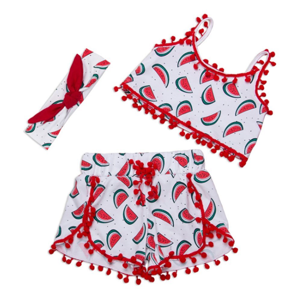 Ding-dong Baby Kid Girl Summer Tassel Watermelon Top+Shorts+Headband 3 Pieces Set Outfit(Sleeveless,3T)