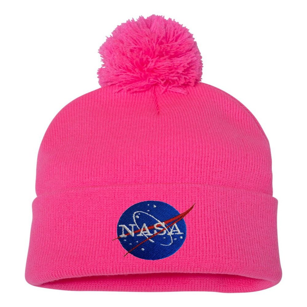Go All Out One Size Neon Pink Pom NASA Insignia Logo Embroidered Knit Beanie Pom Cap