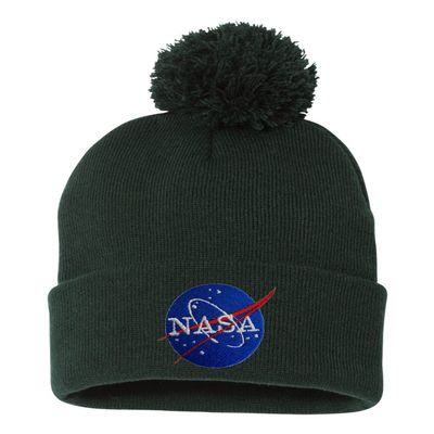Go All Out One Size Forest Pom NASA Insignia Logo Embroidered Knit Beanie Pom Cap