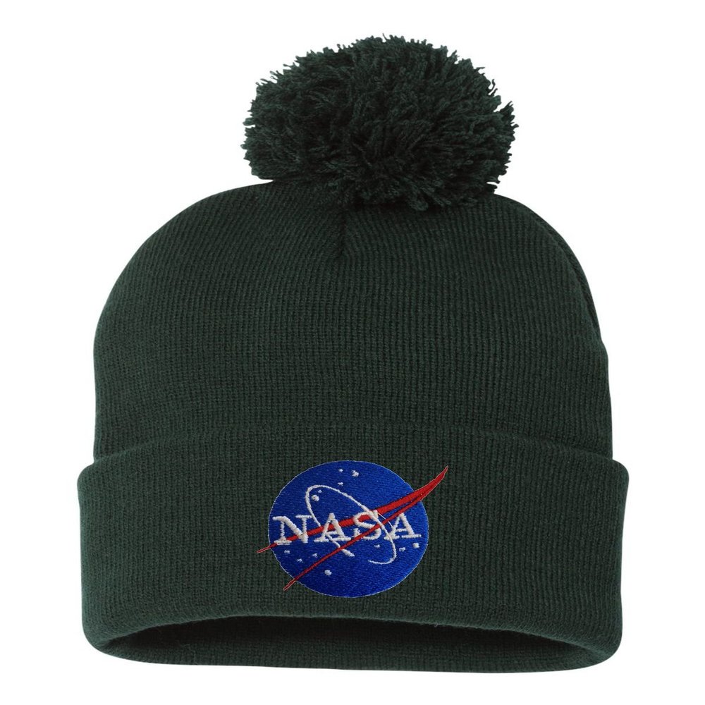 Go All Out One Size Forest Pom NASA Insignia Logo Embroidered Knit Beanie Pom Cap