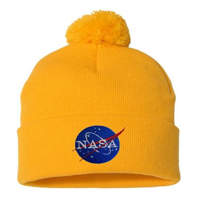 Go All Out One Size Gold Pom NASA Insignia Logo Embroidered Knit Beanie Pom Cap