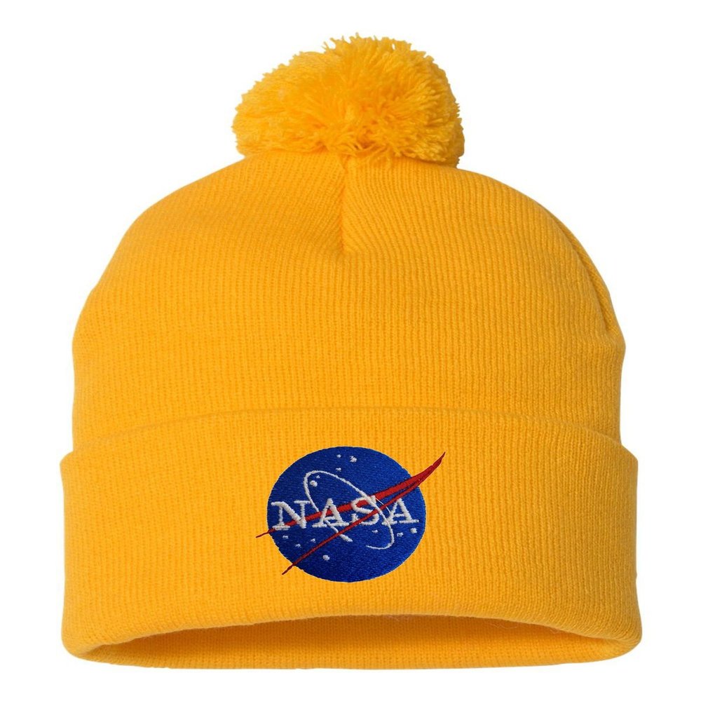 Go All Out One Size Gold Pom NASA Insignia Logo Embroidered Knit Beanie Pom Cap