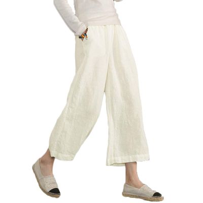 Womens Cotton Cropped Pants Loose Fit Wide Leg Capri Casual Plus Size Elastic Waist Trousers White 3XL