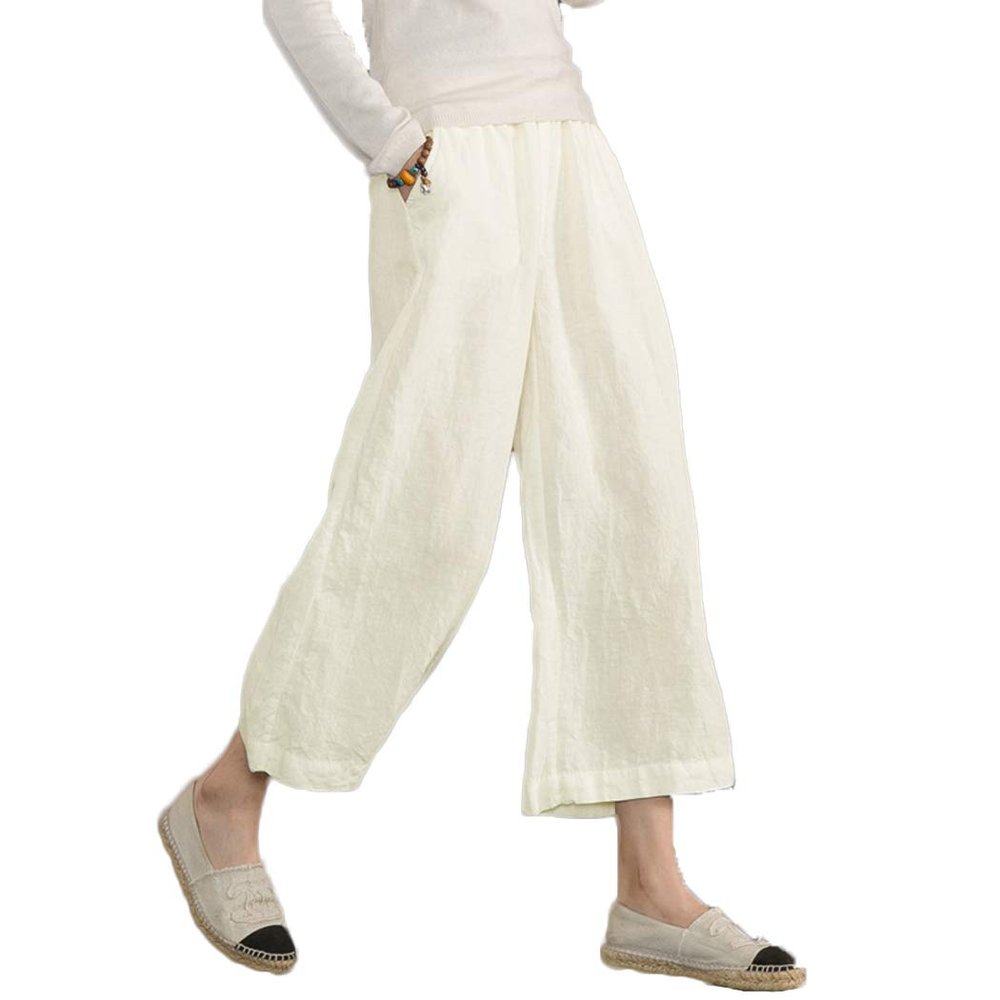 Womens Cotton Cropped Pants Loose Fit Wide Leg Capri Casual Plus Size Elastic Waist Trousers White 3XL