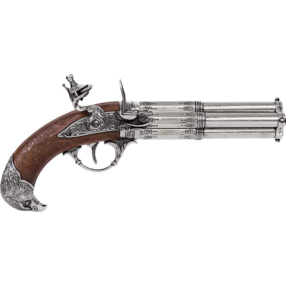 Denix French 18th Century 4 Barrel Flintlock Pistol with Antique Gray Finish-Wood