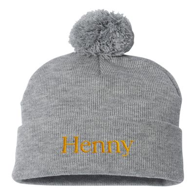 Go All Out One Size Heather Grey Pom Henny Embroidered Knit Beanie Pom Cap
