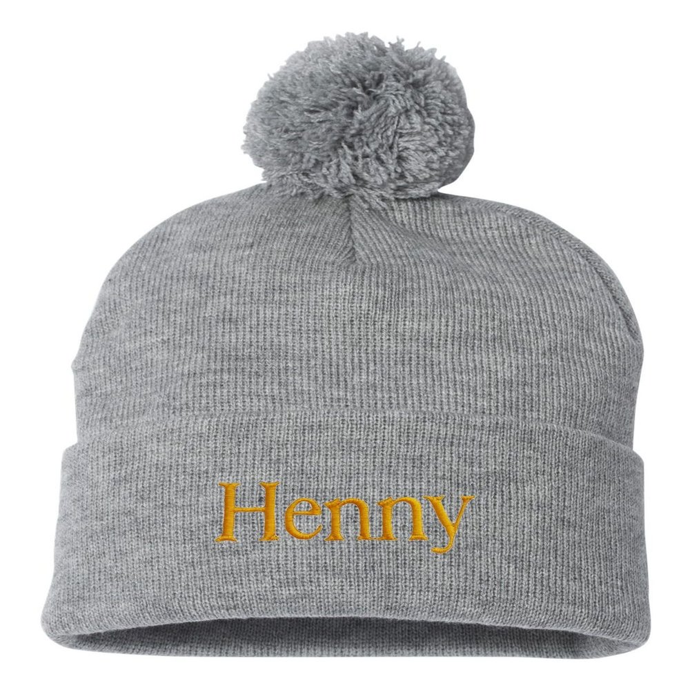 Go All Out One Size Heather Grey Pom Henny Embroidered Knit Beanie Pom Cap