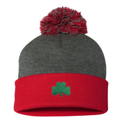 Go All Out One Size Dark Heather Grey/red Pom Shamrock St. Patrick's Day Embroidered Knit Beanie Pom Cap