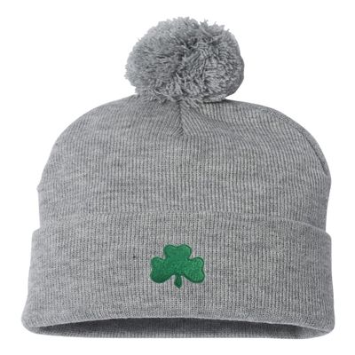 Go All Out One Size Heather Grey Pom Shamrock St. Patrick's Day Embroidered Knit Beanie Pom Cap