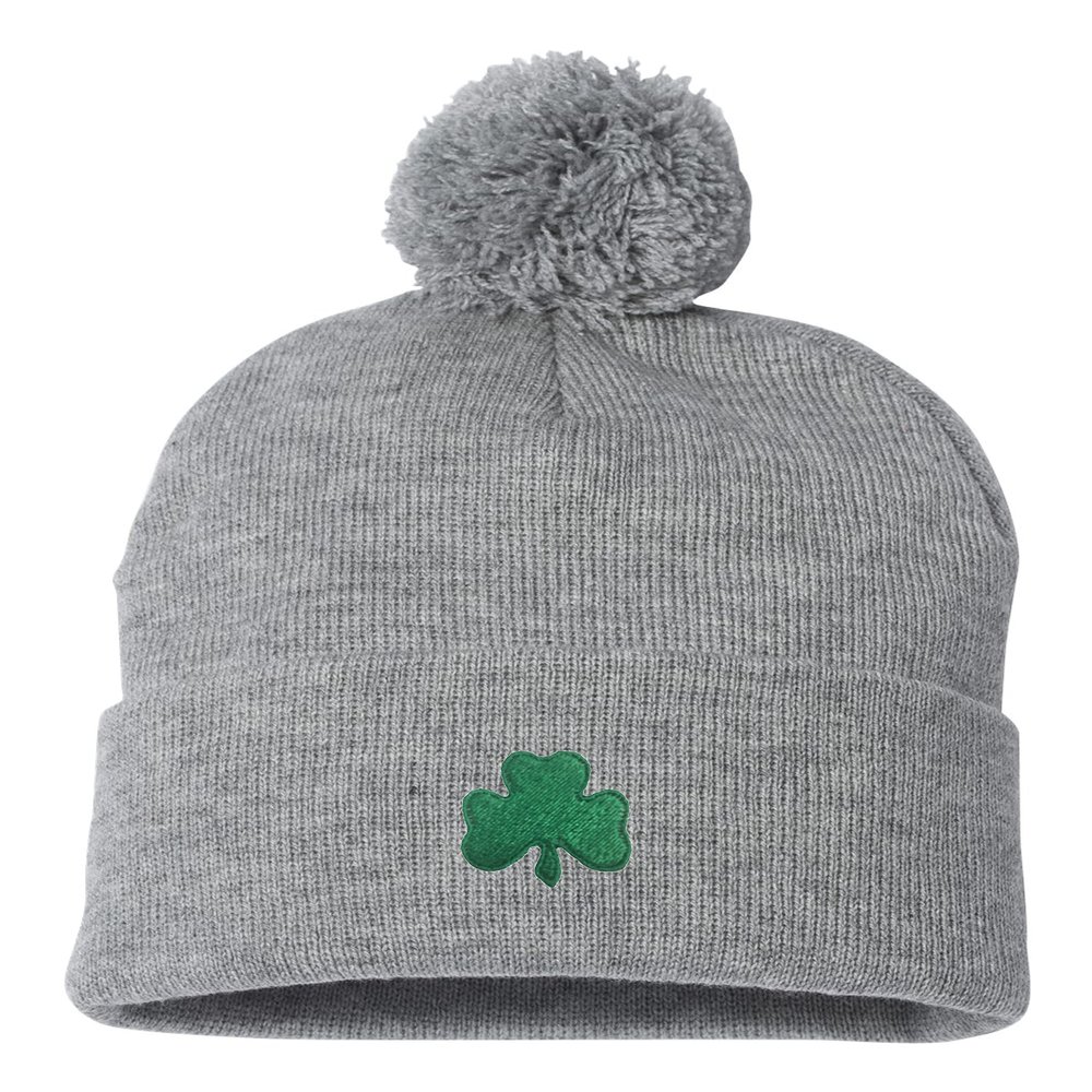 Go All Out One Size Heather Grey Pom Shamrock St. Patrick's Day Embroidered Knit Beanie Pom Cap