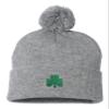 Go All Out One Size Heather Grey Pom Shamrock St. Patrick's Day Embroidered Knit Beanie Pom Cap view 1