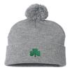 Go All Out One Size Heather Grey Pom Shamrock St. Patrick's Day Embroidered Knit Beanie Pom Cap view 2