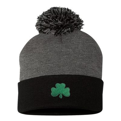 One Size Dark Heather Grey/Black Pom Shamrock St. Patrick's Day Embroidered Knit Beanie Pom Cap