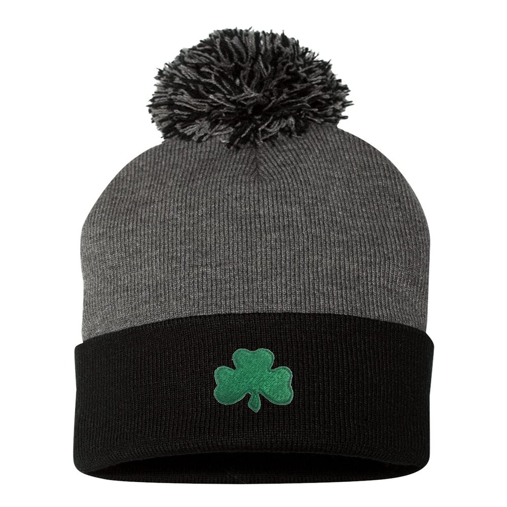 One Size Dark Heather Grey/Black Pom Shamrock St. Patrick's Day Embroidered Knit Beanie Pom Cap