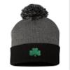 One Size Dark Heather Grey/Black Pom Shamrock St. Patrick's Day Embroidered Knit Beanie Pom Cap view 1