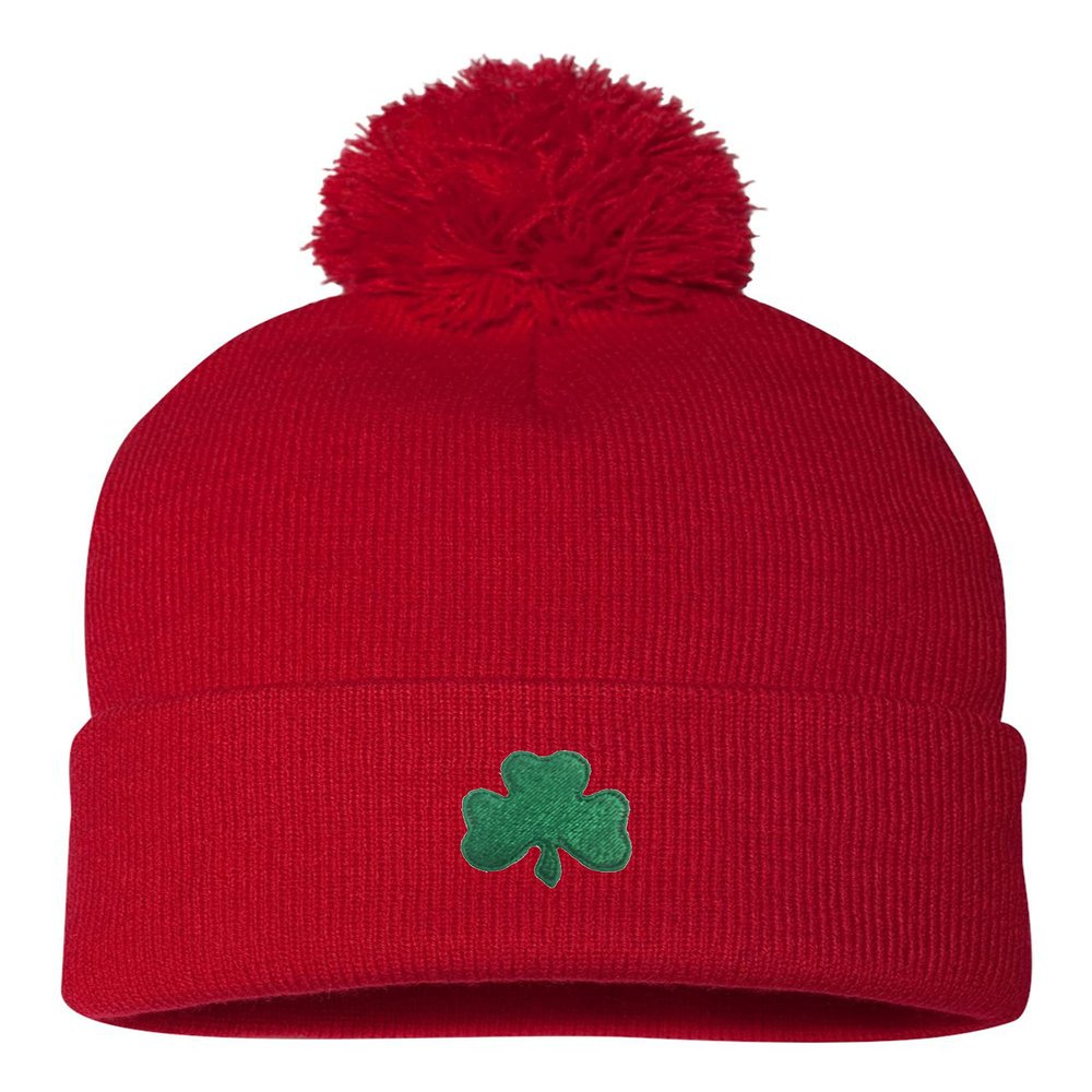 One Size Red Pom Shamrock St. Patrick's Day Embroidered Knit Beanie Pom Cap