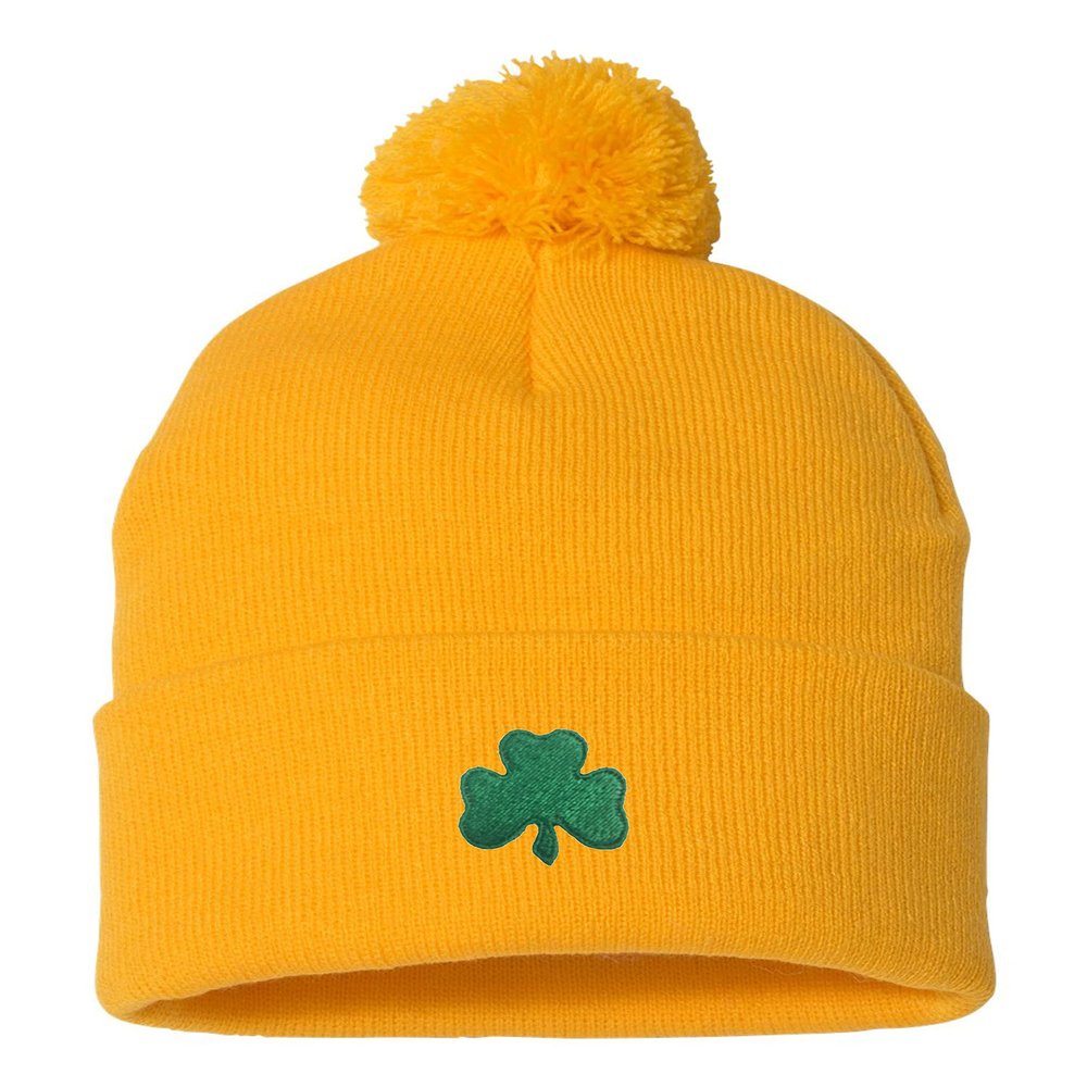 Go All Out One Size Gold Pom Shamrock St. Patrick's Day Embroidered Knit Beanie Pom Cap
