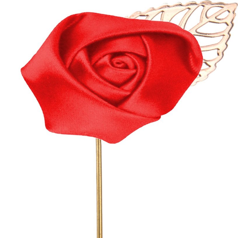 Flairs New York Gentleman's Essentials Premium Handmade Flower Lapel Pin Boutonniere (Pack of 1 Pin, Bright Red [Rose Gold Leaf])