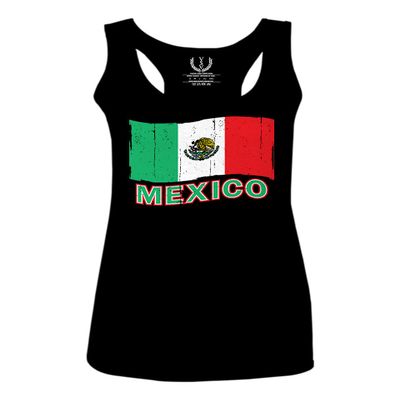 0038. Distressed Bandera Mexico Mexican Flag Coat of arms Mexicano 5 de Mayo Women's Tank Top Racerback (Black, Medium)
