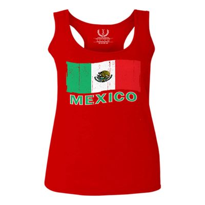 0038. Distressed Bandera Mexico Mexican Flag Coat of arms Mexicano 5 de Mayo Women's Tank Top Racerback (Red, Large)