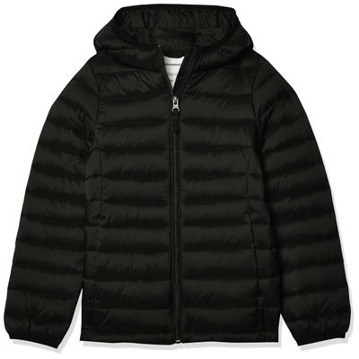 Amazon Essentials Girls' Lightweight Water-Resistant Packable Hooded Puffer Jacket, Black, Large