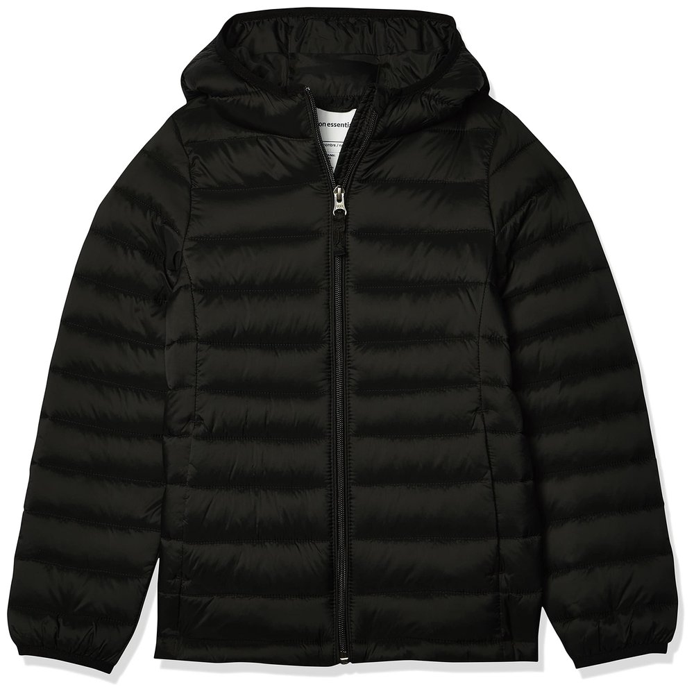 Amazon Essentials Girls' Lightweight Water-Resistant Packable Hooded Puffer Jacket, Black, Large