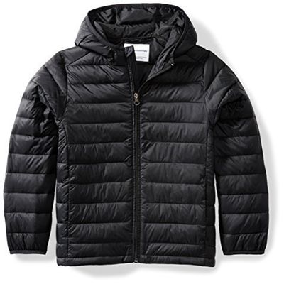 Amazon Essentials Big Boys' Lightweight Water-Resistant Packable Hooded Puffer Jacket, Black Caviar, Medium