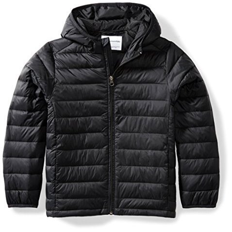 Amazon Essentials Big Boys' Lightweight Water-Resistant Packable Hooded Puffer Jacket, Black Caviar, Medium