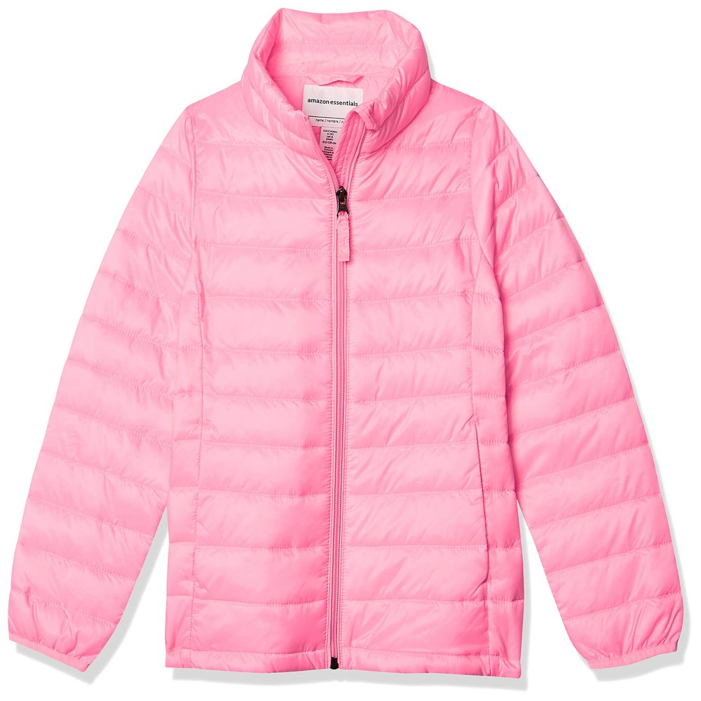 Amazon Essentials Girls' Lightweight Water-Resistant Packable Mock Puffer Jacket, Neon Pink, Small