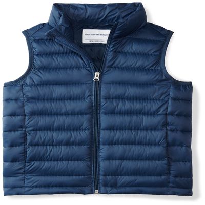Amazon Essentials Boys' Lightweight Water-Resistant Packable Hooded Puffer Vest, Navy, Large