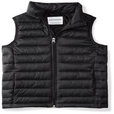 Amazon Essentials Boys' Lightweight Water-Resistant Packable Hooded Puffer Vest, Black, Small
